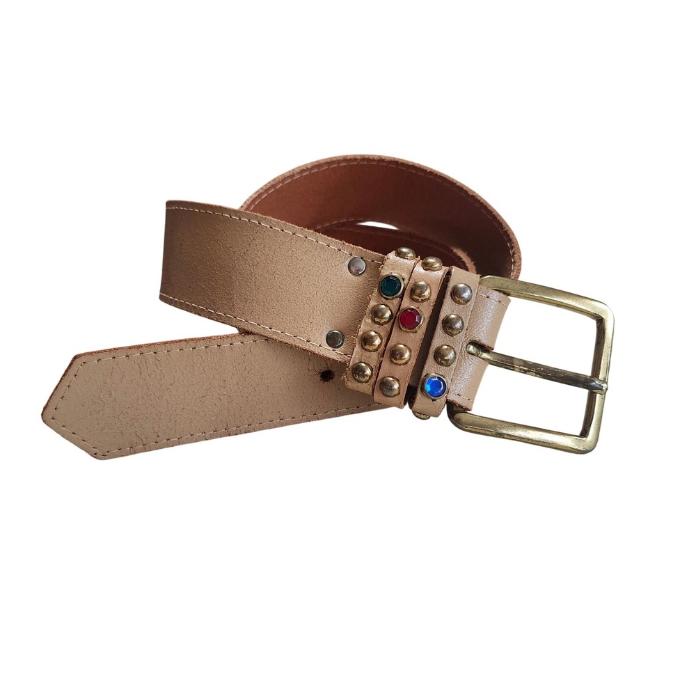 Vtg 80sβ Pearl Leather Belt Womens Medium Tan Studded Gemstone Brass Buckle USA